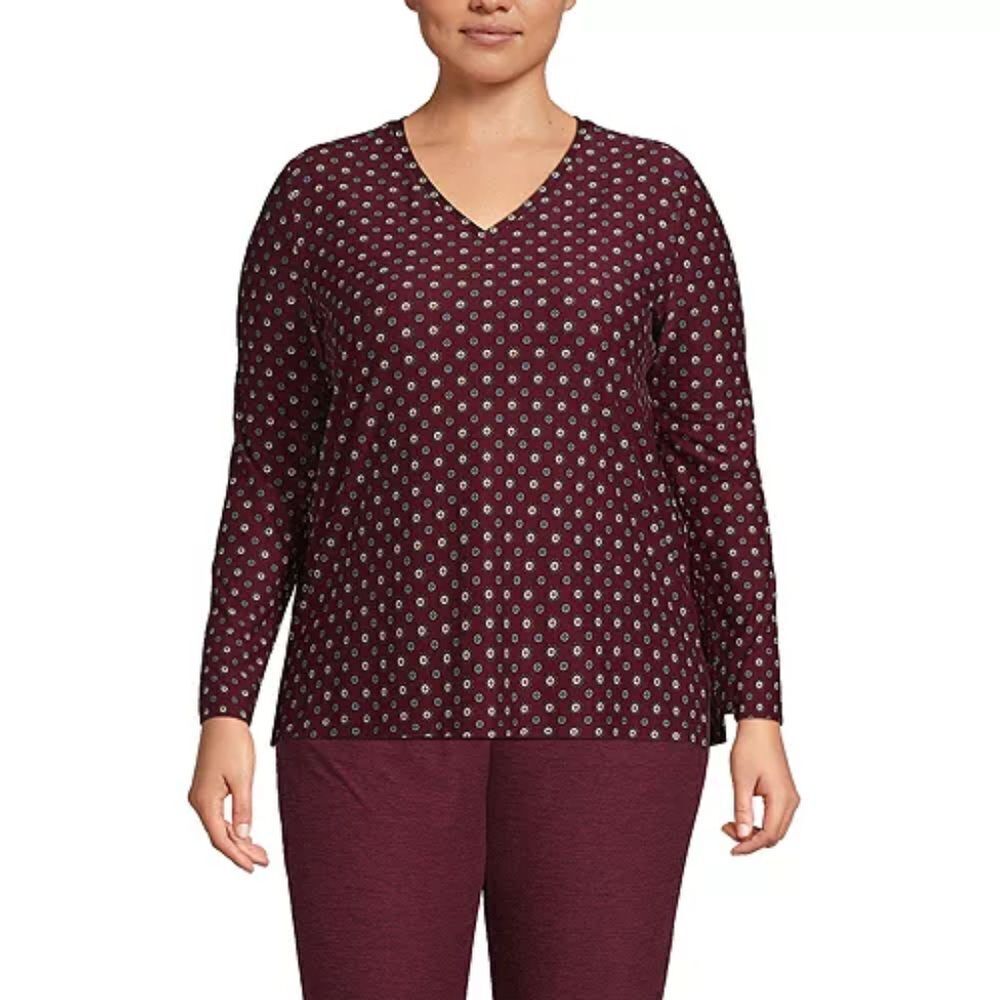 Lands End Burgundy Encircle Geometric Long Sleeve Performance V-Neck Top
